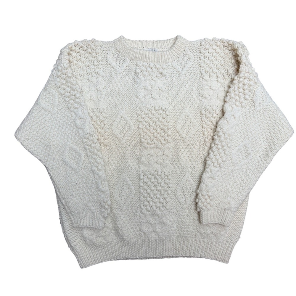 The Sharper Image Mens Ivory 100% Wool Cable Popcorn Knit Fisherman Sweater L